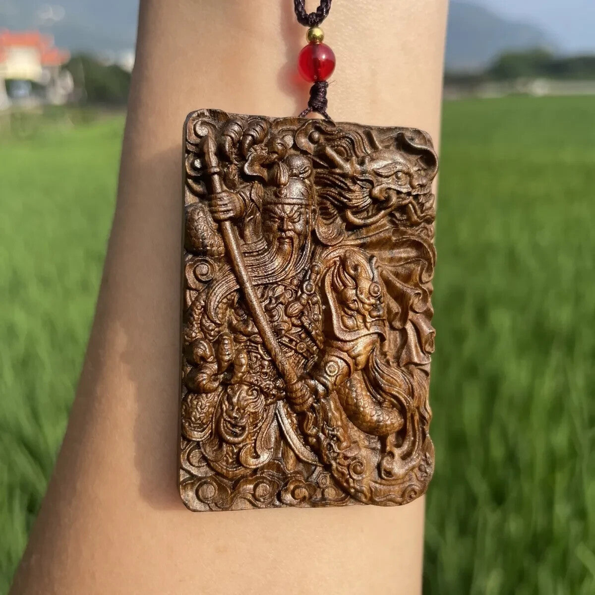 Woman Men Fashion Pendant Necklace Guan Gong 关羽 Wood Sculpture Amulet Pandent