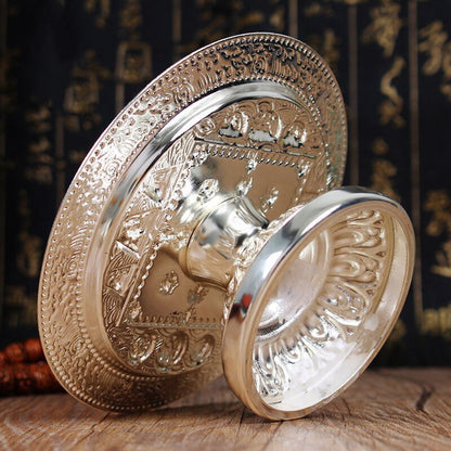 10.8" New Silver Color Manza Tray Tantric Alloy Auspicious Engraved Buddhism