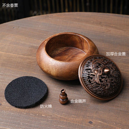 Walnut Wood Incense Burner 11×7.2cm Dragon Phoenix Alloy Lid Vintage Censer