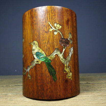 Vintage Rosewood Brush Pot, Inlaid Abalone Magpie Plum, 15cm