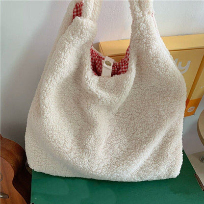 Plush Tote Bag Shopper Handbag Cute Embroidery Wool Shoulder Bag Polyester Soft