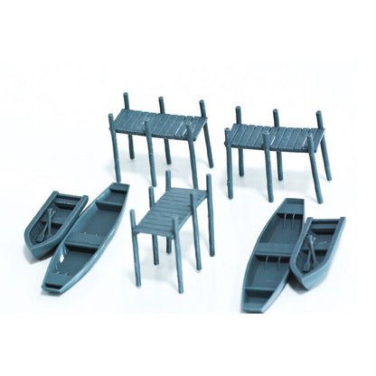 1/64 Part Of The Dock Boats And Canoes Scene Of The Railway Layout.