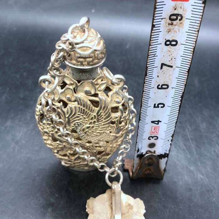 Vintage Chinese Silver Plated Copper Crane Openwork Incense Sachet Pendant