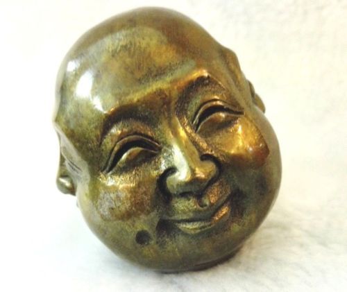 OLD SIGNED BRONZE Carved Buddhism Buddha Head Sculpture Statue 4 Faces