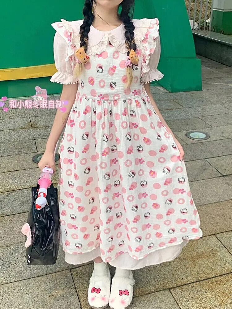 Japanese women's cute pink hello kitty printed dress + lining skirt suit sweet
