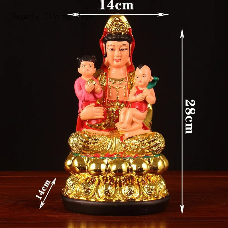 12in Resin Home Offering Buddha Golden Body Red Clothes Guanyin Buddha Statue
