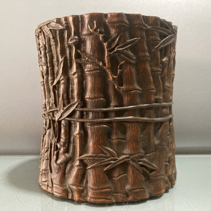 chinese bamboo carving antique carved brush pot pen case wood statue bamboo leaf