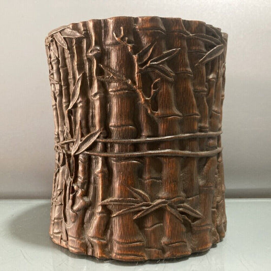 chinese bamboo carving antique carved brush pot pen case wood statue bamboo leaf