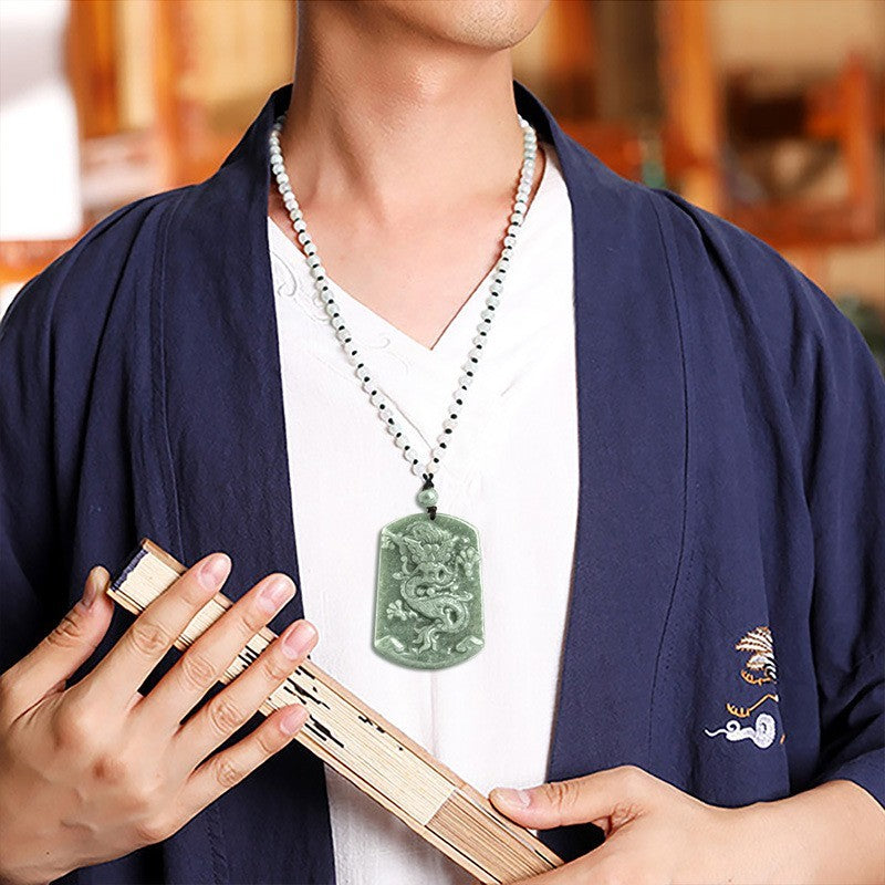 Certificate Natural Green Jade Jadeite Imperial Dragon Men Gift Beads Neckalce