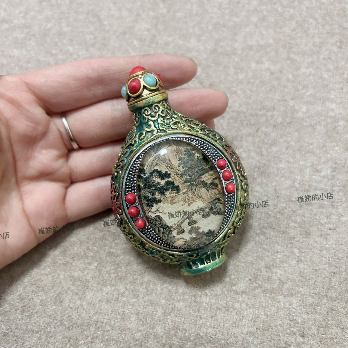 Antique Brass Snuff Bottle Tibetan Inside Painted Double-Sided Snuff Bottle