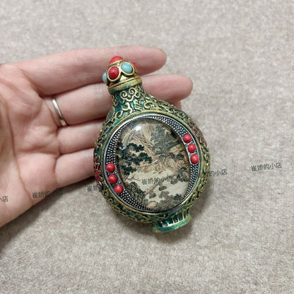 Antique Brass Snuff Bottle Tibetan Inside Painted Double-Sided Snuff Bottle