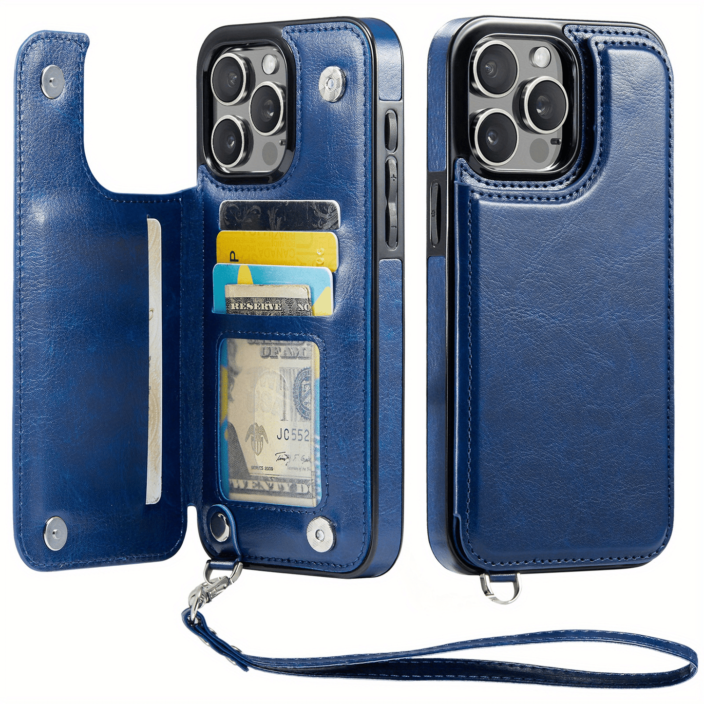 For iPhone 16/15/14/13/12/11 Pro Max Wallet Case with Card Holder Wrist Strap