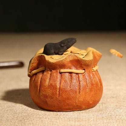 Chinese Yixing Zisha Pottery Clay Handmade Animal Tea Pet Wealth Money Bag Mouse