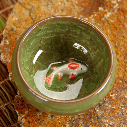 Colorful Ice-Crackle Porcelain 8 Colors Tea Cup With Fish Pattern Ceramic saucer