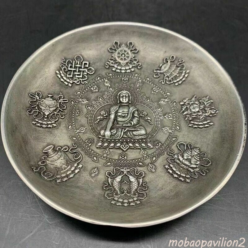 Old Chinese Exquisite Cupronickel Handcarved Buddha Eight Treasures Plate Mark