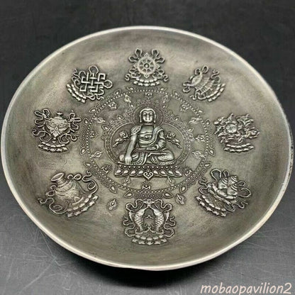 Old Chinese Exquisite Cupronickel Handcarved Buddha Eight Treasures Plate Mark
