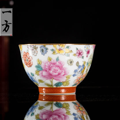 One Cup Color Enamel Craft Porcelain Tea Cup On Sales Peony Flower Print 85ml