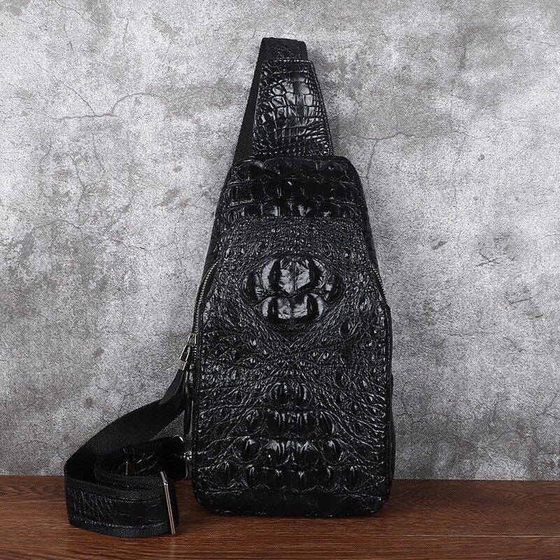 Black Alligator Crocodile Skin Leather Sling Backpack Men's Luxury Crossbody bag