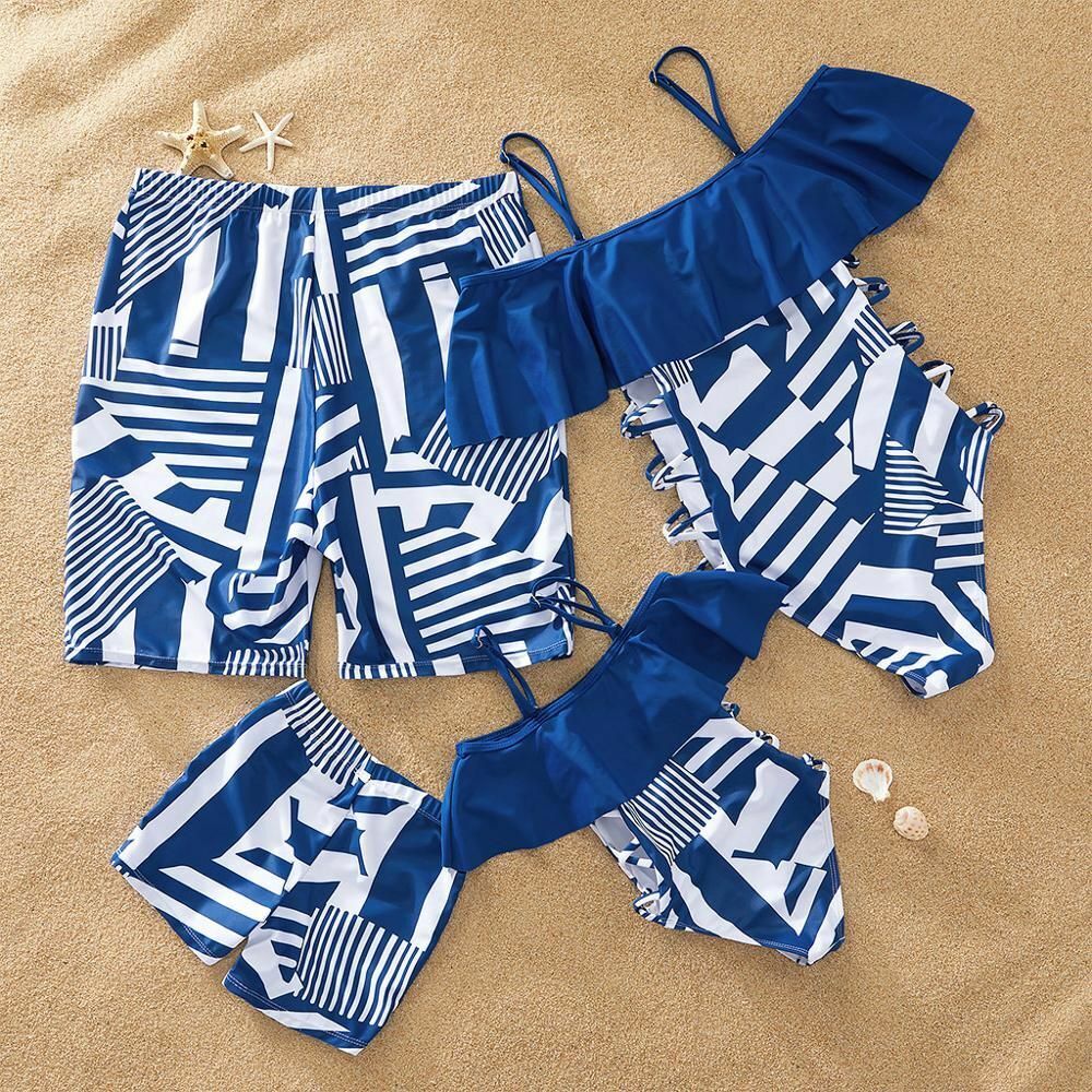 Matching Swimsuits Summer Navy Geometric Pattern Family One-Piece Look Swimwear