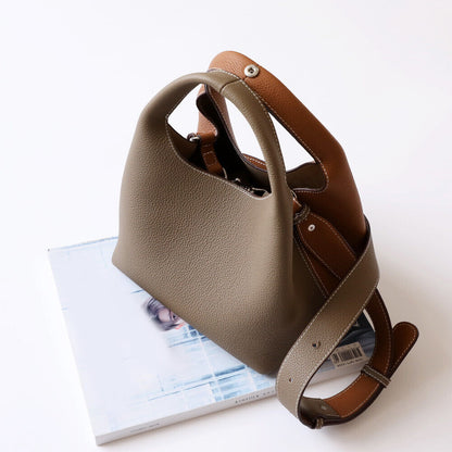 Contrast Real Leather Tote Handbag Purse Bucket Shoulder Bag Hobo w/ Zip Bag