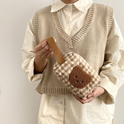 Cute Bear Makeup Bag Large Portable Cosmetic Bags Zipper Cotton Plaid Pouch Case