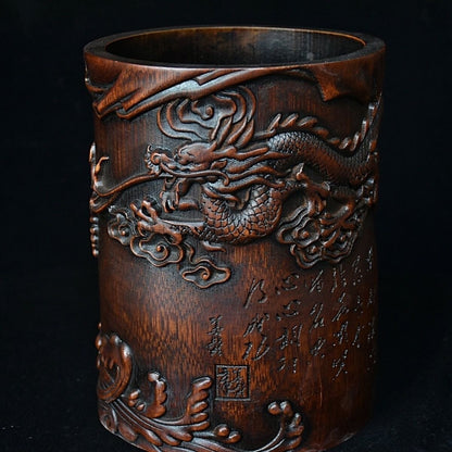Chinese Wood Brush Pot Old Bamboo Carved Arhat Taming Dragon Pen Holder Collect