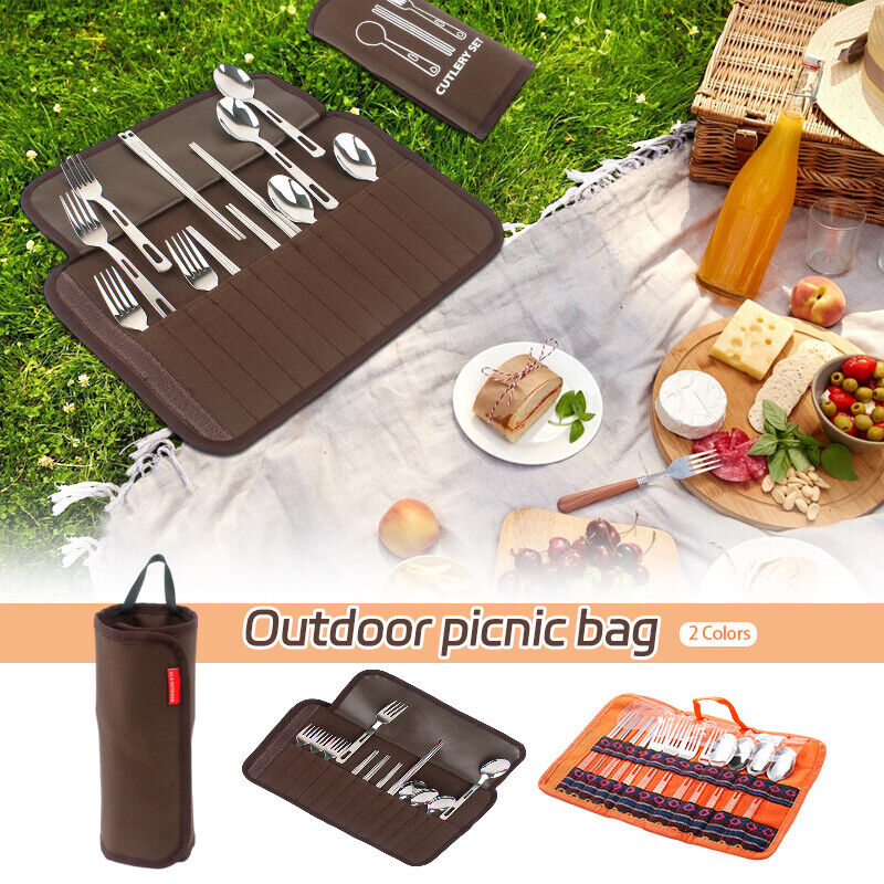 Outdoor Stainless Steel Fold Tableware Sets Spork Chopsticks Travel Picnic Bag