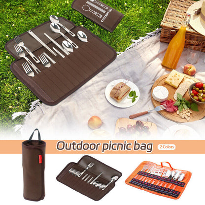 Outdoor Stainless Steel Fold Tableware Sets Spork Chopsticks Travel Picnic Bag