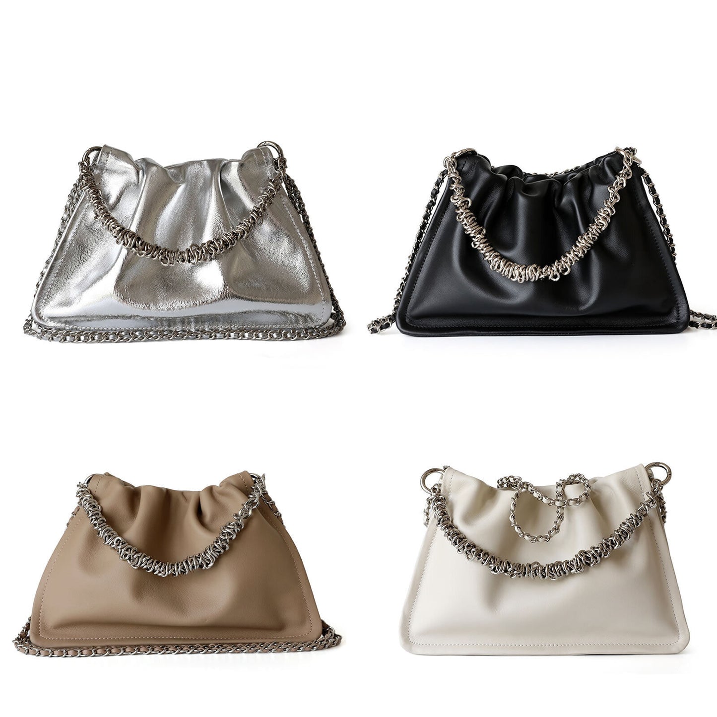 Small Real Leather Ruched Clutch Pouch Purse Tote Shoulder Bag Crossbody Chains