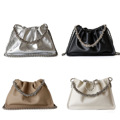 Small Real Leather Ruched Clutch Pouch Purse Tote Shoulder Bag Crossbody Chains