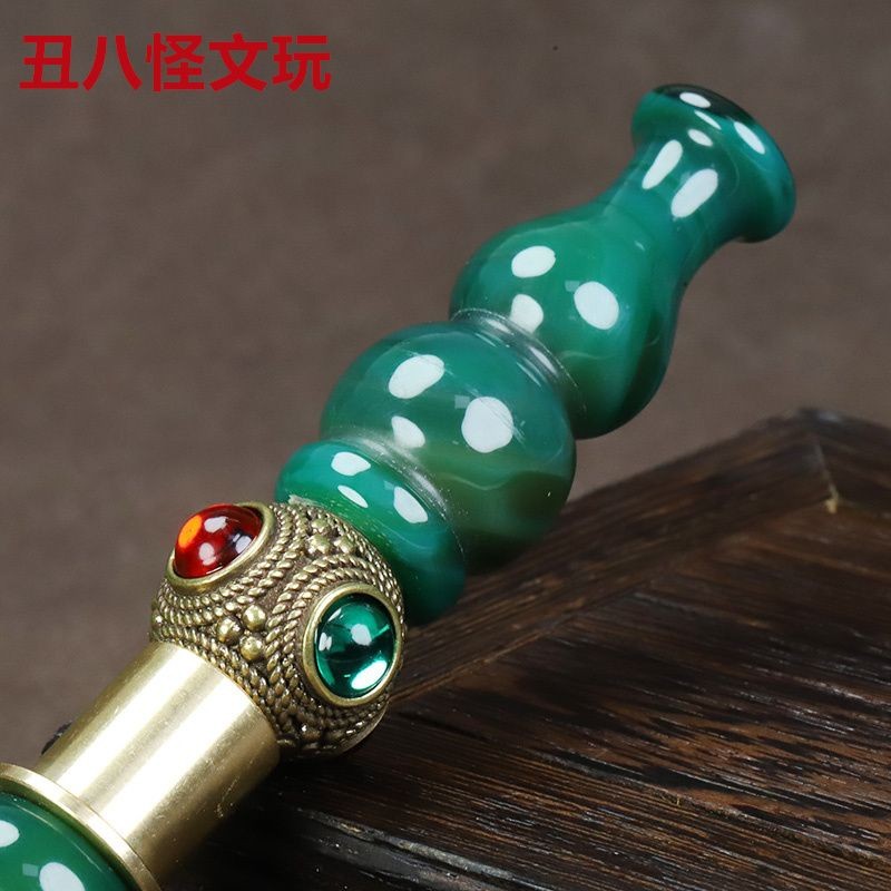 Vintage Brass Pixiu Dragon Pipe Agate Mouthpiece Handmade 14cm