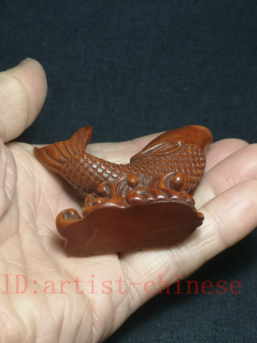 Japanese Rare Boxwood Hand Carved Lovely Fish Figure Statue Netsuke Collect Gift