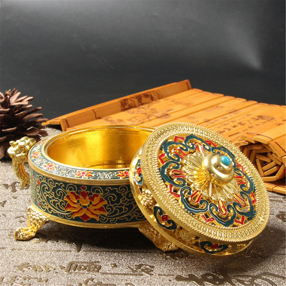 Tibetan Golden Incense Burner Holder Sticks Cones Coils Lotus Buddhism Decor