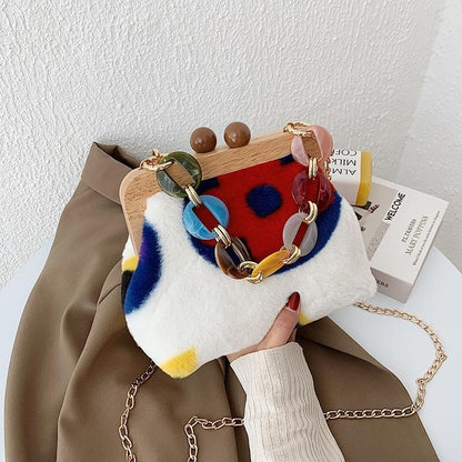 Clip Plush Handbag Acrylic Chain Shoulder Crossbody Bag Clutch 24*20*11 CM Hasp