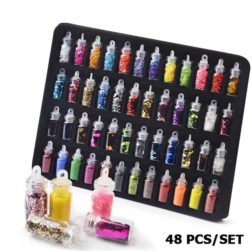 Nail Art Sequins 48 Bottles Set Glitter Powder Manicure Decor Tip Polish Sticker
