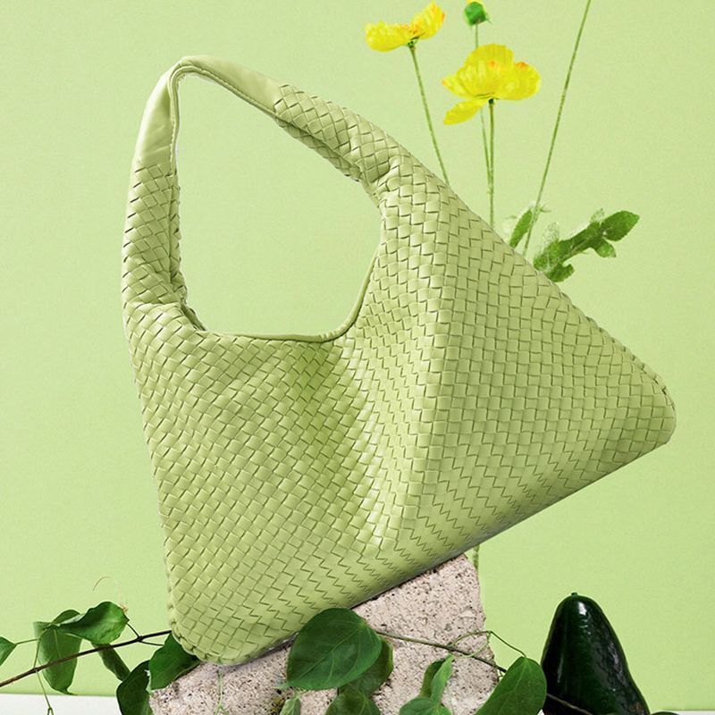 Leather Shoulder Bags Handmade Woven Handbag Big Capacity Patchwork Zipper Purse