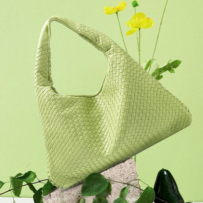 Leather Shoulder Bags Handmade Woven Handbag Big Capacity Patchwork Zipper Purse
