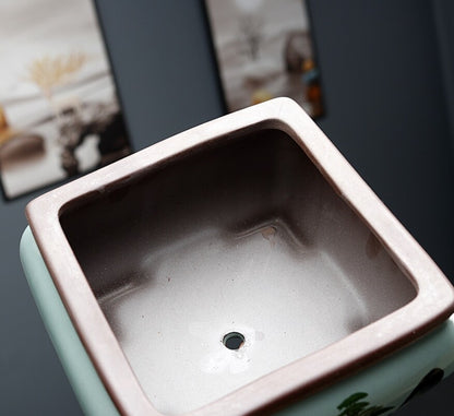 Bonsai Pot W Tray 6" Square Chinese Art Glazed High Quality Teal Ceramic Planter