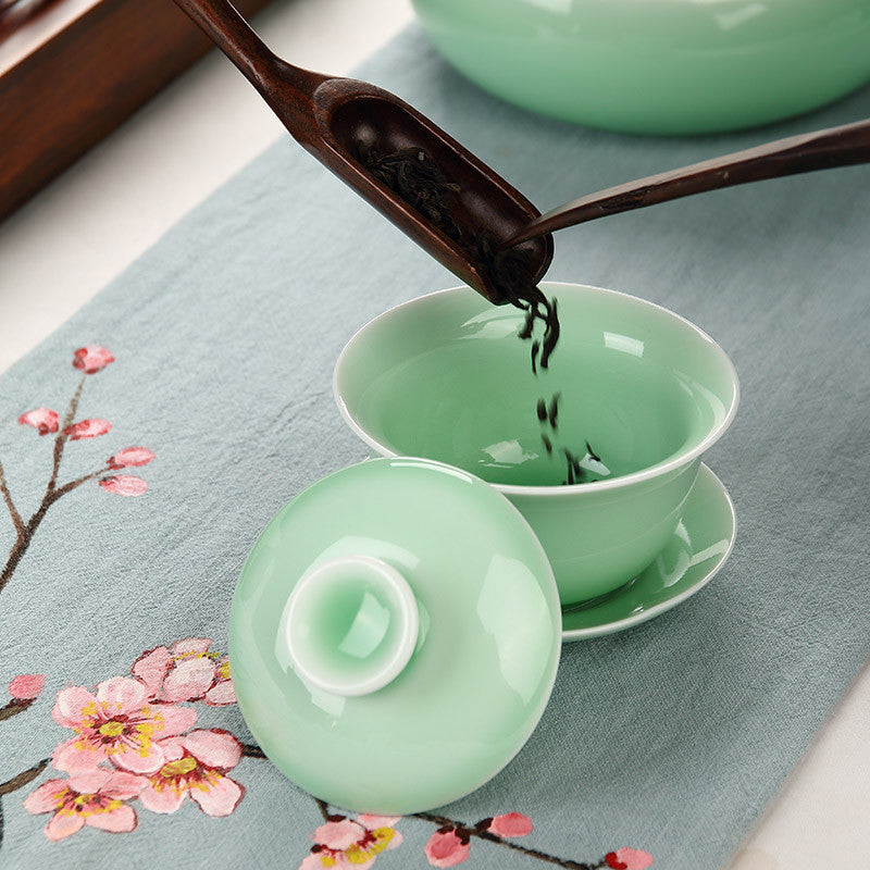 Longquan Porcelain Gaiwan Chinese Green Solid Color Tureen Handpainted Floral