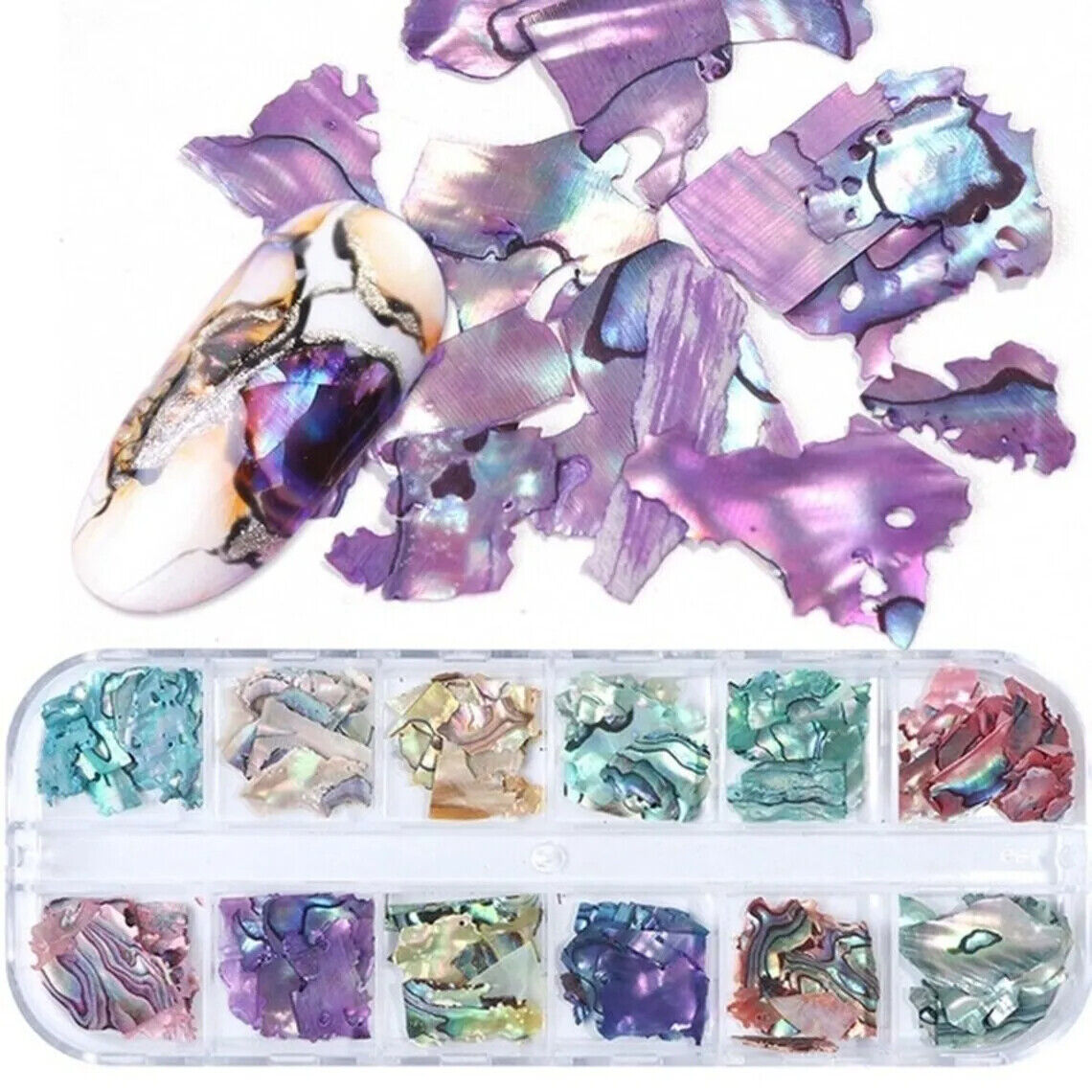 Nail Art Decor 12Design Box 3D Irregular Abalone Seashell Fragment Flakes Charms