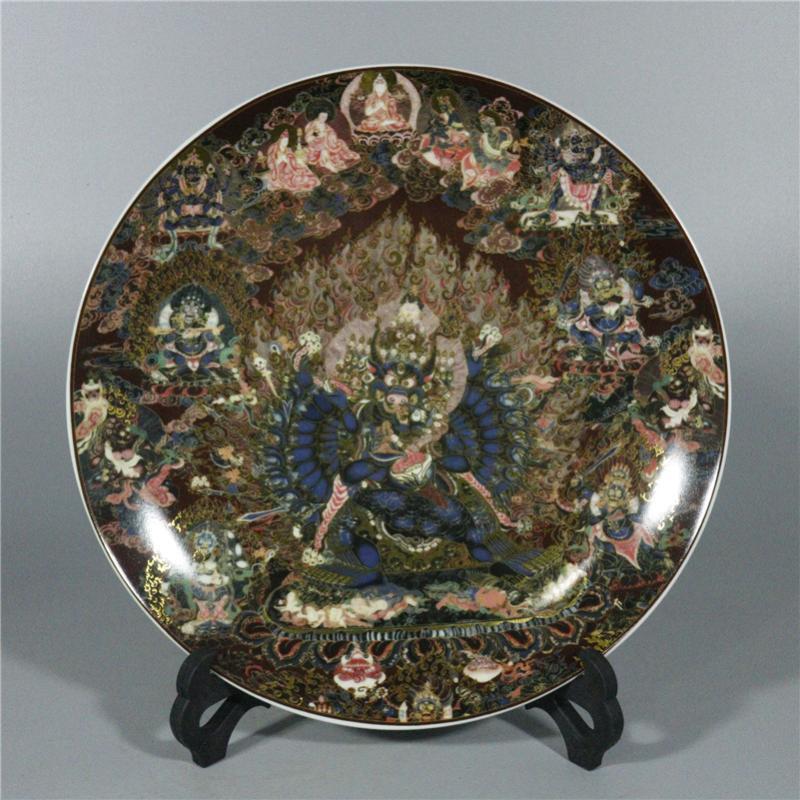 Chinese Porcelain Qing Qianlong Famille Rose Tangka Buddha Statue Plates 10.23”