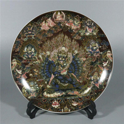 Chinese Porcelain Qing Qianlong Famille Rose Tangka Buddha Statue Plates 10.23”