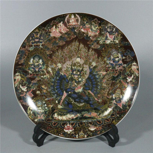 Chinese Porcelain Qing Qianlong Famille Rose Tangka Buddha Statue Plates 10.23”