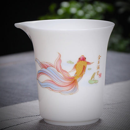 Complete Tea Set Fat Mutton Jade Porcelain Gaiwan Tureen Fish Drawing Tea Cups