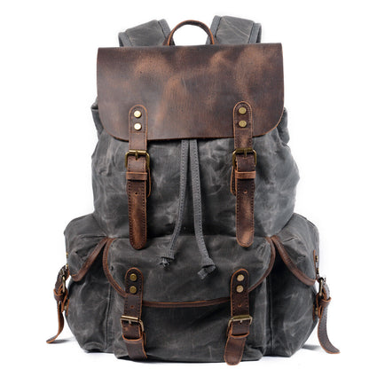 Water Resistant Wax Canvas Real Leather Flap Drawstring Backpack Day bag Travel