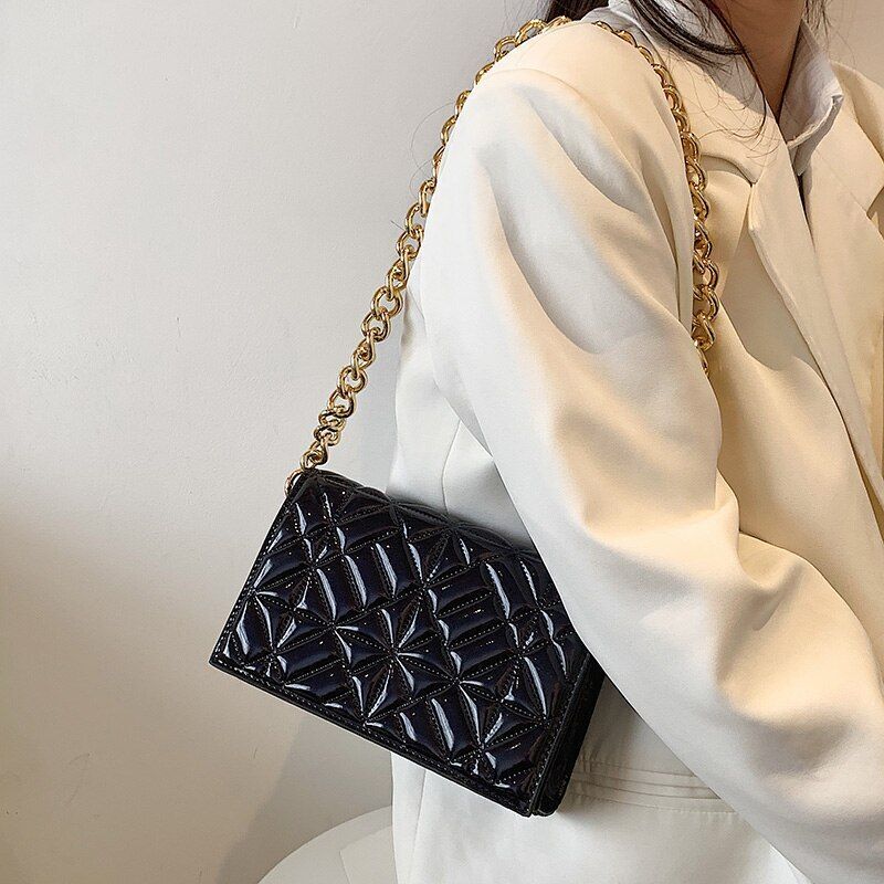 Metal Chain Shoulder Bag Handbag Purse Shiny Leather Small Fashion 22*14*7 CM