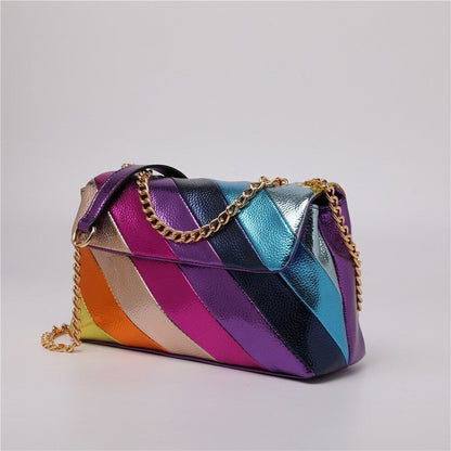 Rainbow Stitching Synthetic Handbag Metallic Chain Strap Crossbody Bag 27*9*17CM