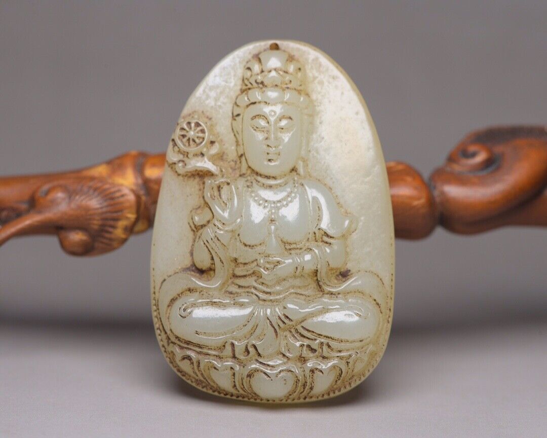 Chinese Natural Hetian Jade Carving Kuan Yin Statue Lucky Jade Pendant Amulets