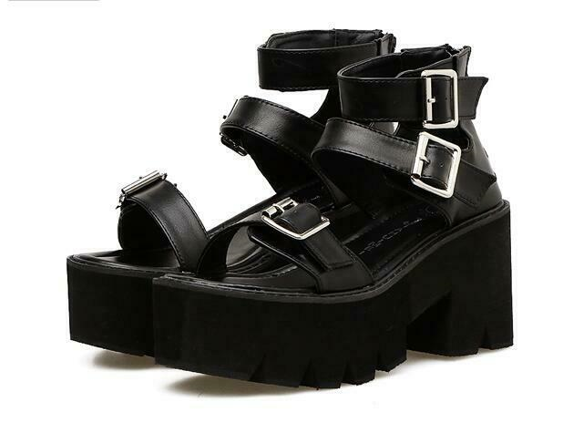 Occident Womens Roma Punk Gothic Open Toe Sandals Chunky Heels Platform Shoes