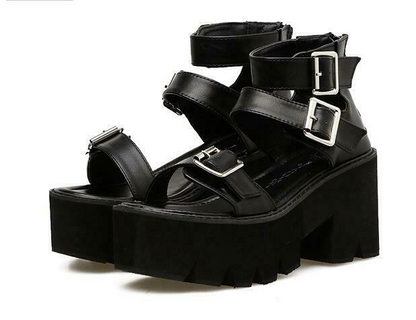 Occident Womens Roma Punk Gothic Open Toe Sandals Chunky Heels Platform Shoes